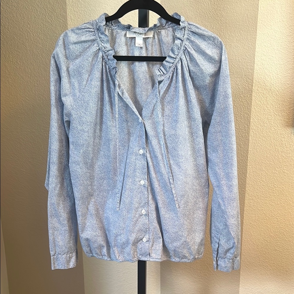 LOFT Blue Ruffled Long Sleeve Blouse